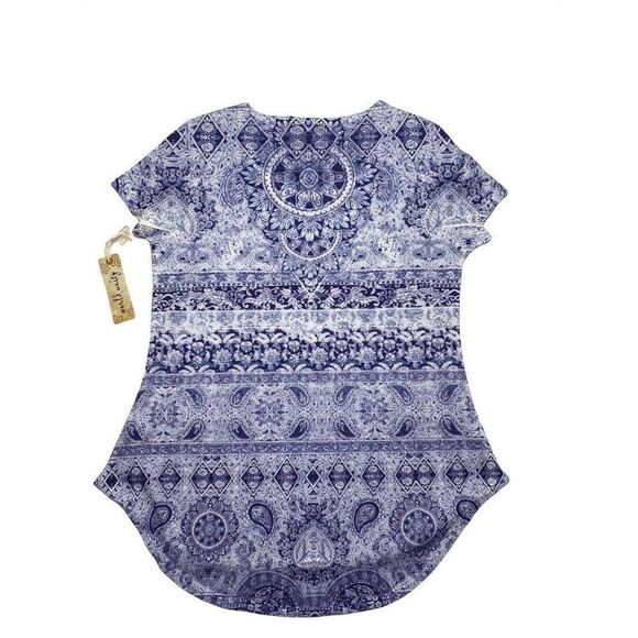 World Unity Blue White Studded Top‎ Floral Paisley Small NEW - Picture 6 of 6